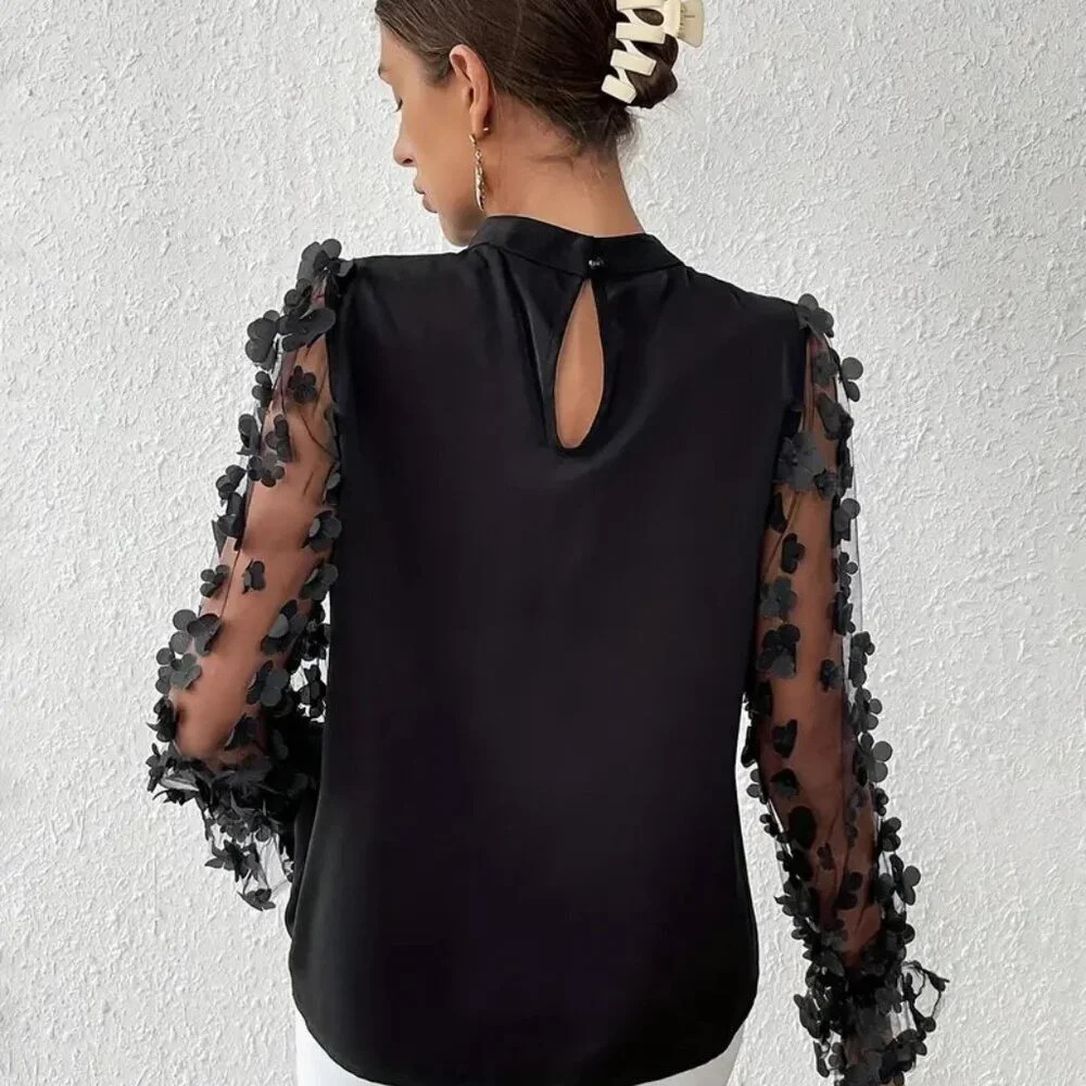 Elegant Floral Mock Neck Contrast Mesh Blouse - Picture 2 of 3